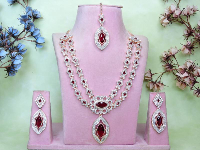 Maroon rose gold premium designer american diamond and stone work necklace set