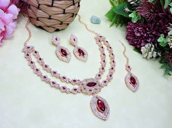 Maroon rose gold premium designer american diamond and stone work necklace set 2