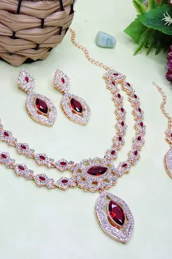 Maroon rose gold premium designer american diamond and stone work necklace set