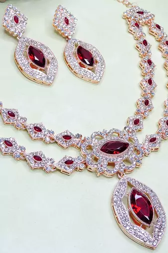 Maroon rose gold premium designer american diamond and stone work necklace set