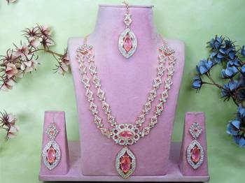 Pink rose gold premium designer american diamond and stone work necklace set 1