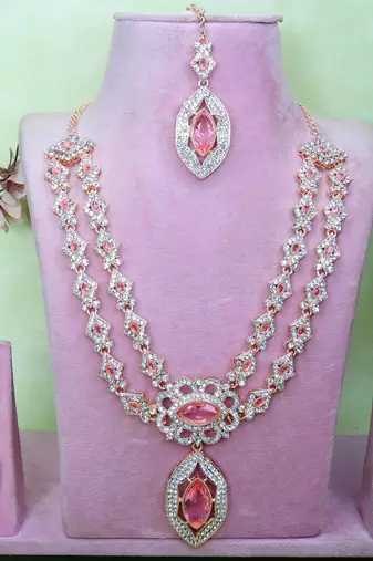 Pink rose gold premium designer american diamond and stone work necklace set