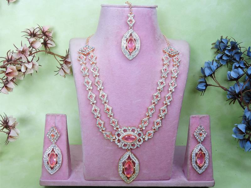 Pink rose gold premium designer american diamond and stone work necklace set