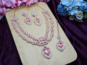 Pink rose gold premium designer american diamond and stone work necklace set 2