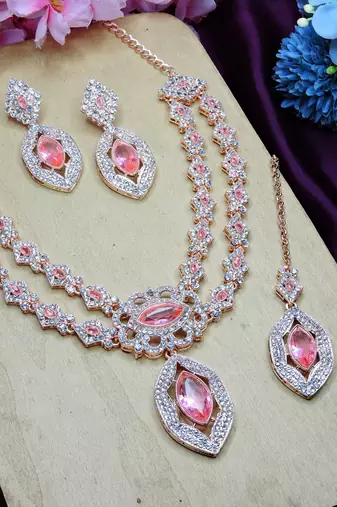 Pink rose gold premium designer american diamond and stone work necklace set