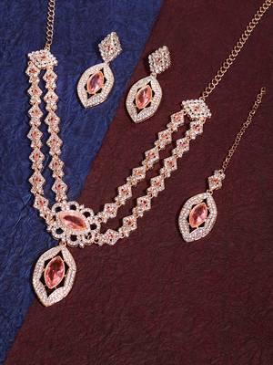 Pink rose gold premium designer american diamond and stone work necklace set 3