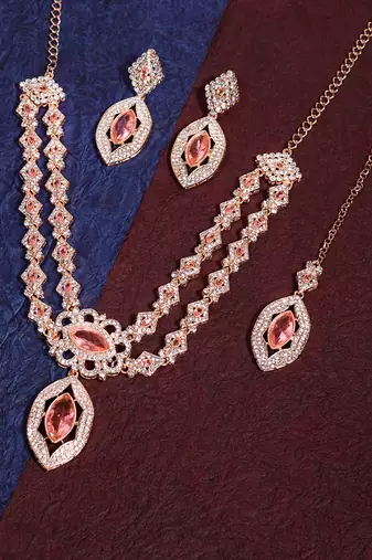 Pink rose gold premium designer american diamond and stone work necklace set