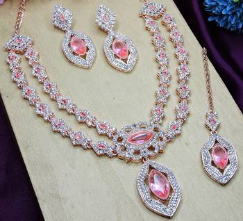 Pink rose gold premium designer american diamond and stone work necklace set 4
