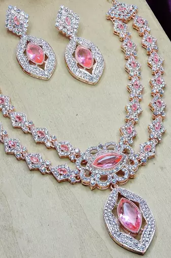 Pink rose gold premium designer american diamond and stone work necklace set