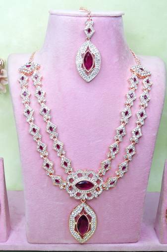 Purple rose gold premium designer american diamond and stone work necklace set