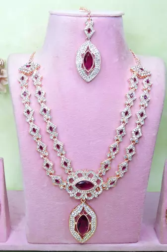 Purple rose gold premium designer american diamond and stone work necklace set