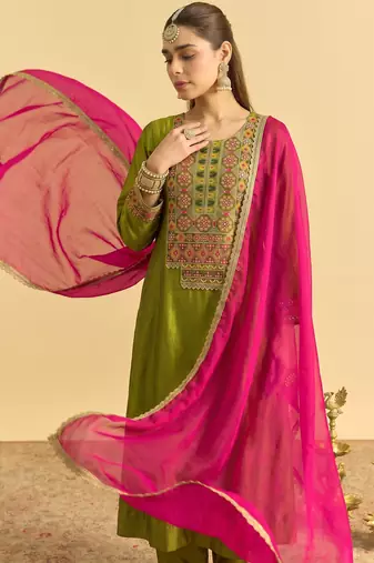 Green vichitra silk blend embroidered flared kurta pant with dupatta set