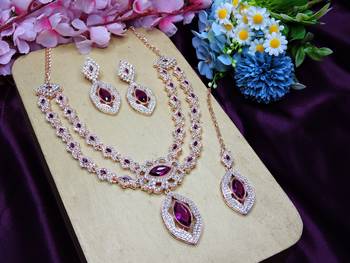 Purple rose gold premium designer american diamond and stone work necklace set 2