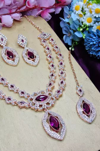 Purple rose gold premium designer american diamond and stone work necklace set