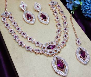 Purple rose gold premium designer american diamond and stone work necklace set 3