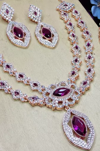 Purple rose gold premium designer american diamond and stone work necklace set