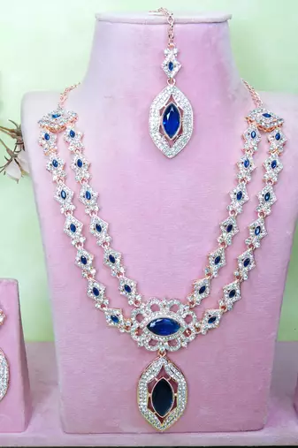 Blue rose gold premium designer american diamond and stone work necklace set