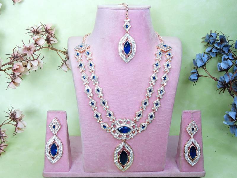 Blue rose gold premium designer american diamond and stone work necklace set
