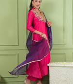 Rani pink viscose silk blend a-line kurta pant with organza dupatta
