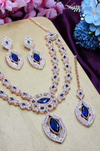 Blue rose gold premium designer american diamond and stone work necklace set