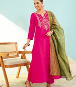 Coral silk slub embroidered kurta pant set with viscose zari dupatta