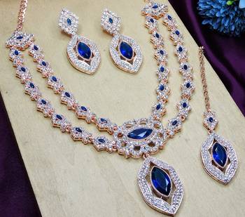 Blue rose gold premium designer american diamond and stone work necklace set 3