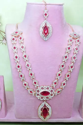Pink rose gold premium designer american diamond and stone work necklace set