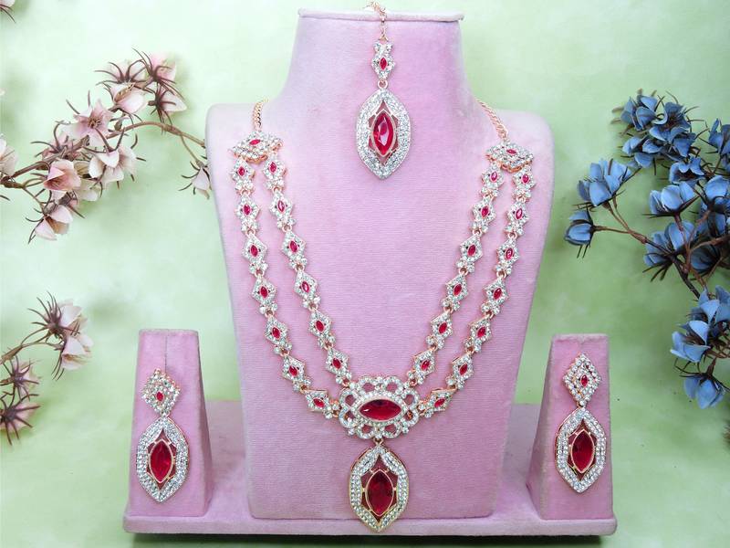 Pink rose gold premium designer american diamond and stone work necklace set