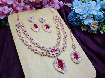 Pink rose gold premium designer american diamond and stone work necklace set 2