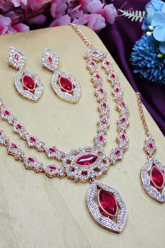 Pink rose gold premium designer american diamond and stone work necklace set