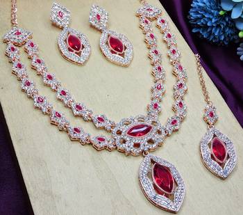 Pink rose gold premium designer american diamond and stone work necklace set 3