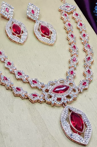 Pink rose gold premium designer american diamond and stone work necklace set