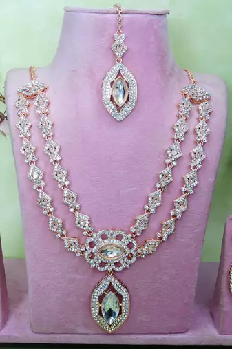 White rose gold premium designer american diamond and stone work necklace set