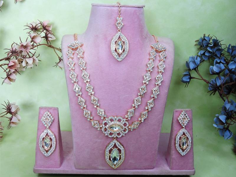 White rose gold premium designer american diamond and stone work necklace set