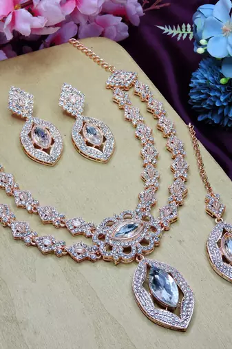 White rose gold premium designer american diamond and stone work necklace set