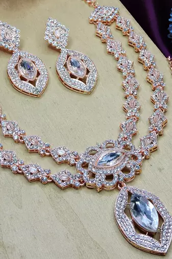 White rose gold premium designer american diamond and stone work necklace set