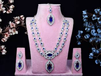 Blue rhodium premium designer american diamond and stone work necklace set 1