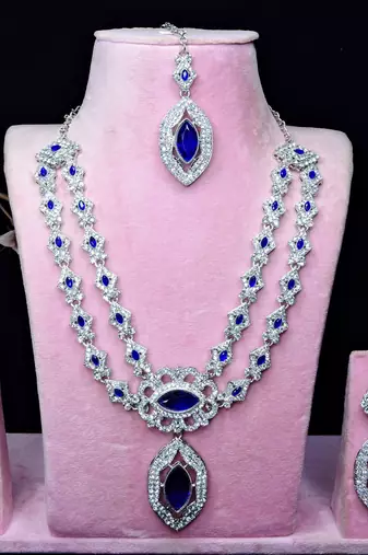 Blue rhodium premium designer american diamond and stone work necklace set