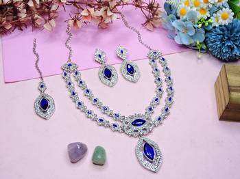 Blue rhodium premium designer american diamond and stone work necklace set 2