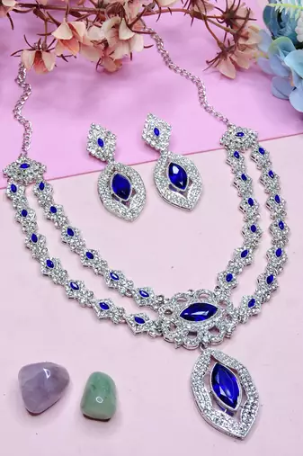 Blue rhodium premium designer american diamond and stone work necklace set