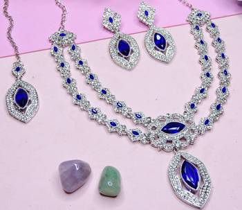 Blue rhodium premium designer american diamond and stone work necklace set 3