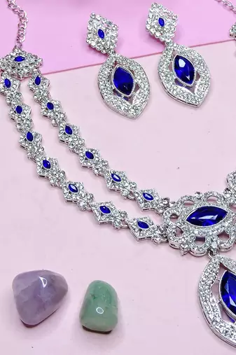 Blue rhodium premium designer american diamond and stone work necklace set