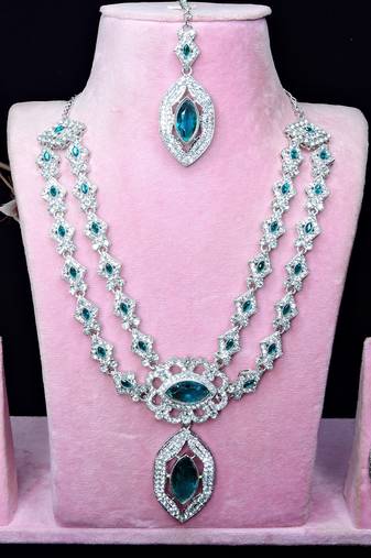 Green rhodium premium designer american diamond and stone work necklace set