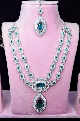 Green rhodium premium designer american diamond and stone work necklace set