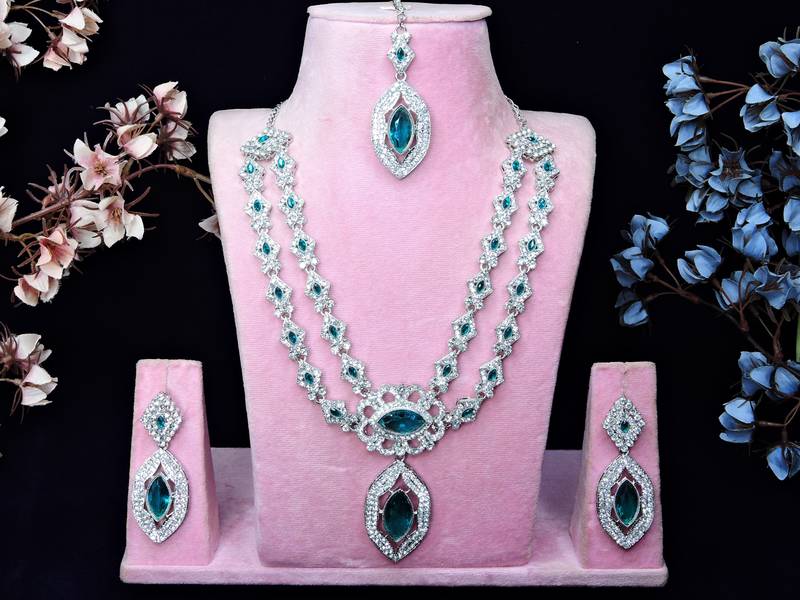 Green rhodium premium designer american diamond and stone work necklace set