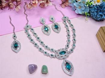 Green rhodium premium designer american diamond and stone work necklace set 2