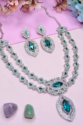 Green rhodium premium designer american diamond and stone work necklace set