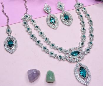 Green rhodium premium designer american diamond and stone work necklace set 3