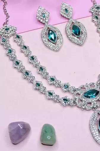 Green rhodium premium designer american diamond and stone work necklace set