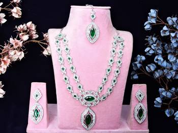Green rhodium premium designer american diamond and stone work necklace set 1